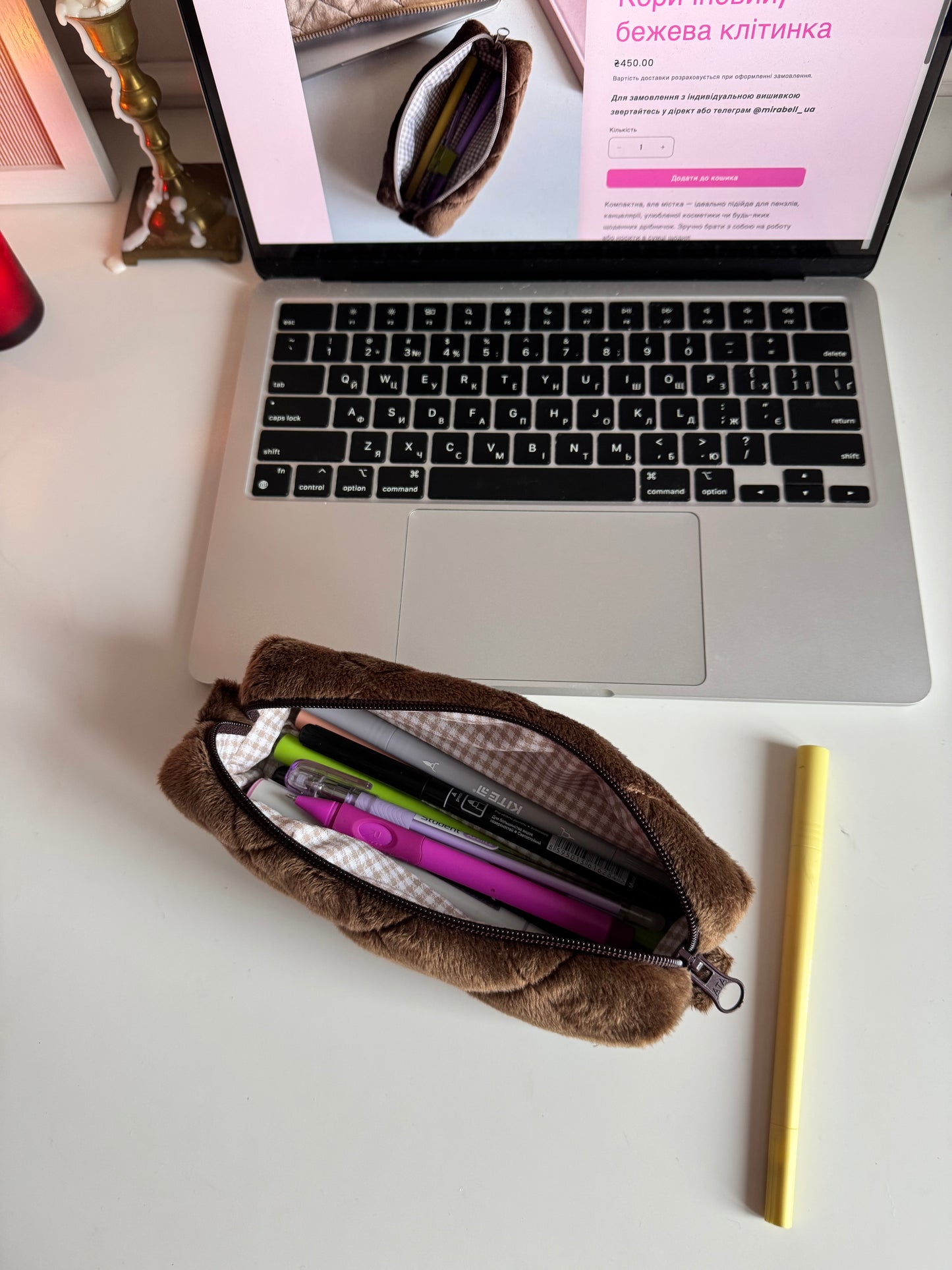 Косметичка-пенал Коричневий/бежева клітинка